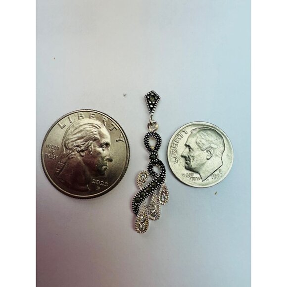 Estate Sterling Silver 925 Marcasite & CZ Drop Dangle Earrings, 4.03g, Push Back - Picture 6 of 8